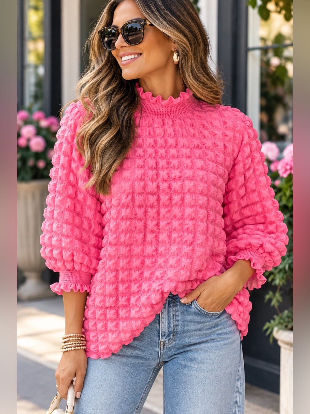 Simply Southern Bubble Breeze Top Pink Textured Ruffle Mock Neck L NWT